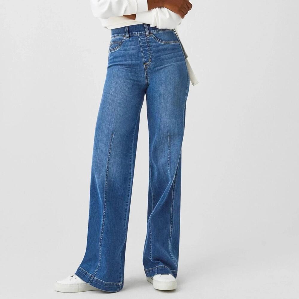NEW $168 SPANX SMALL Seamed Front Wide Leg Denim Vintage Indigo Pull-on Jeans 32 - Picture 2 of 9